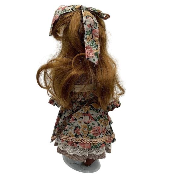 Vintage 16" Porcelain Doll with Teddy Bear & Floral Dress - Picture 3 of 11